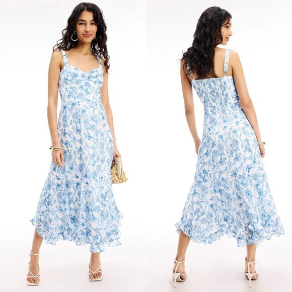 Hutch Dresses & Skirts - Hutch Sophie Dress Floral Print Sleeveless Ruffle Midi A-Line Blue & White L